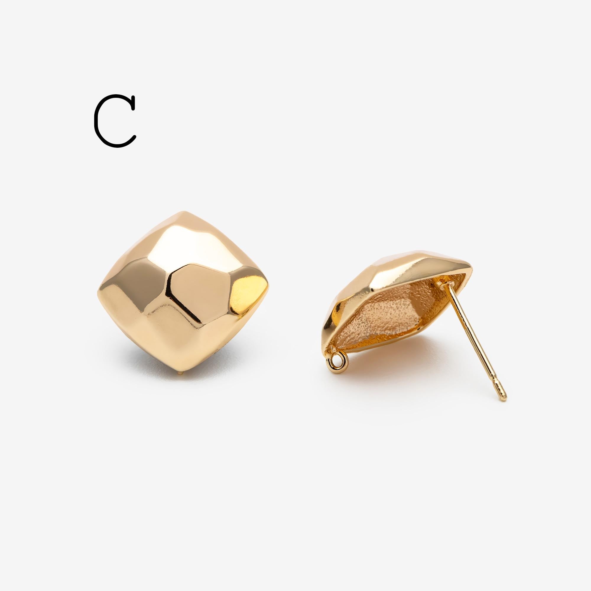 10pcs Gold Faceted Heart/ Square Earring With Loop, Gold plated Brass, Geometric Stud Earrings (GB-2966)